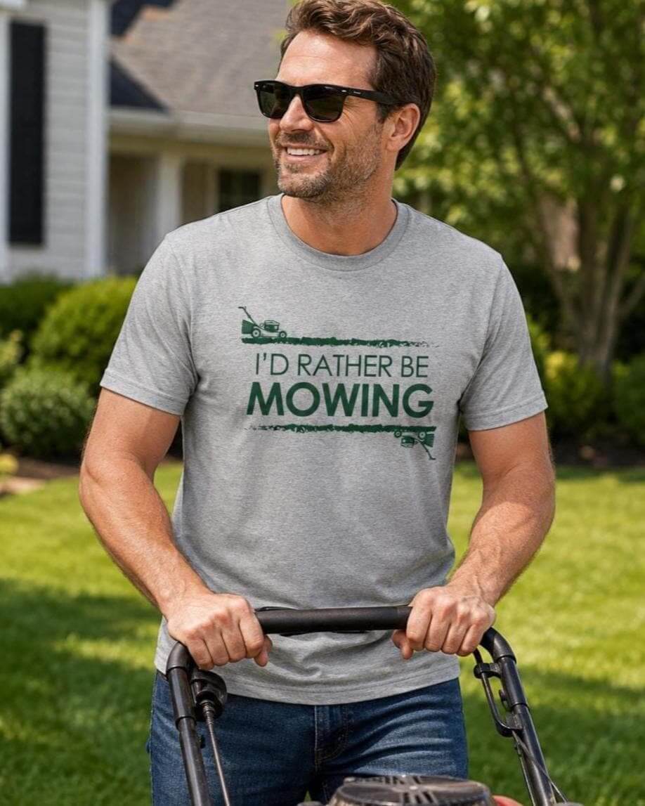 Smiling man wearing a sports grey “I’d Rather Be Mowing” T-shirt while pushing a lawn mower in a sunny suburban yard