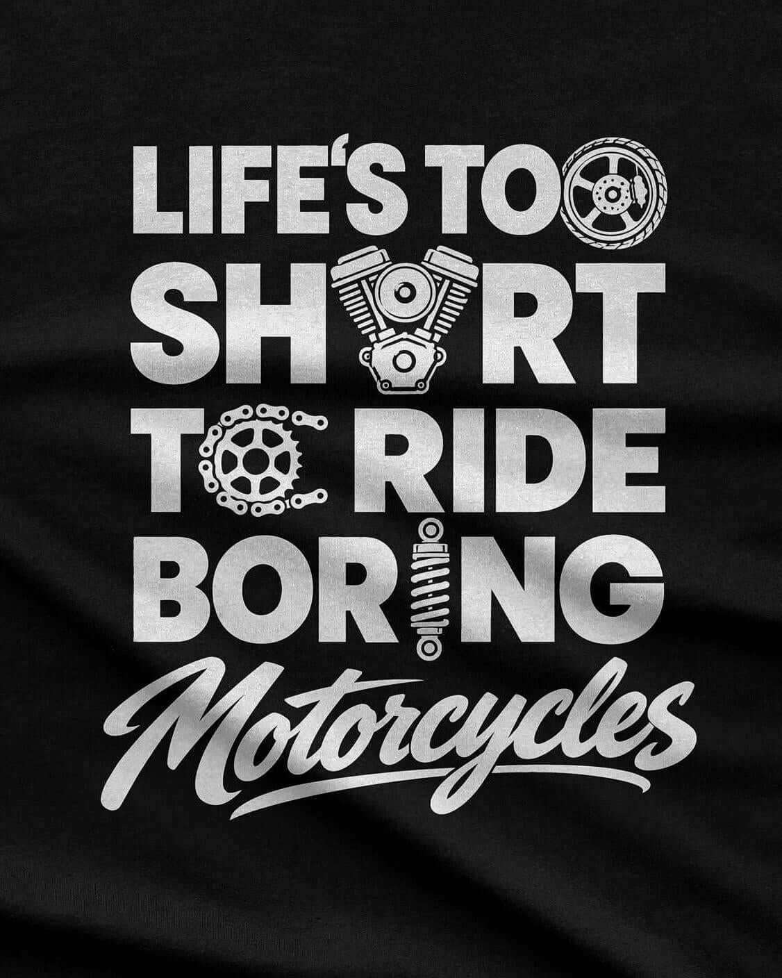 Life's Too Short to Ride Boring Motorcycles hoodie - back print close-up