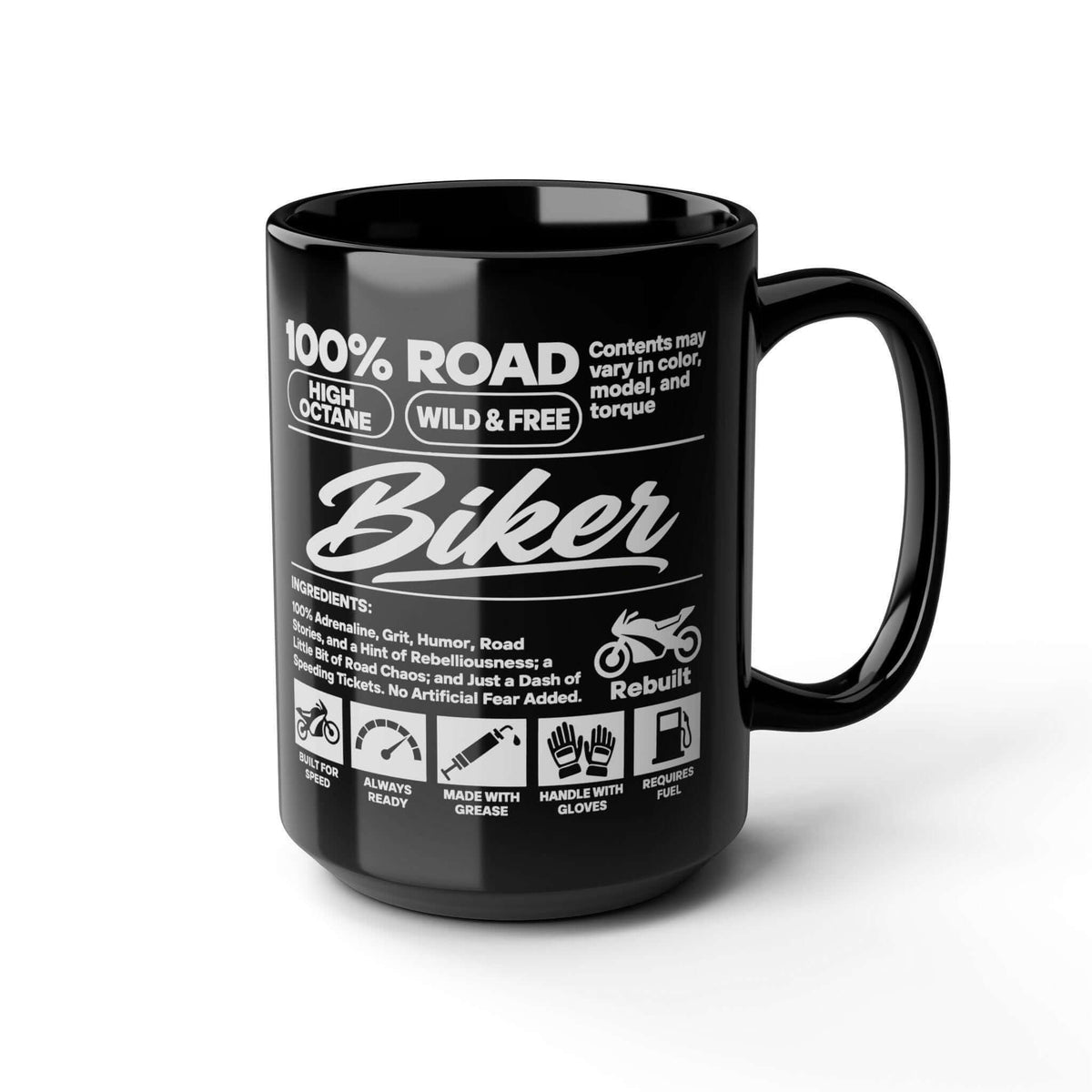 Biker Ingredients Label Coffee Mug - 15oz black coffee mug, angled view
