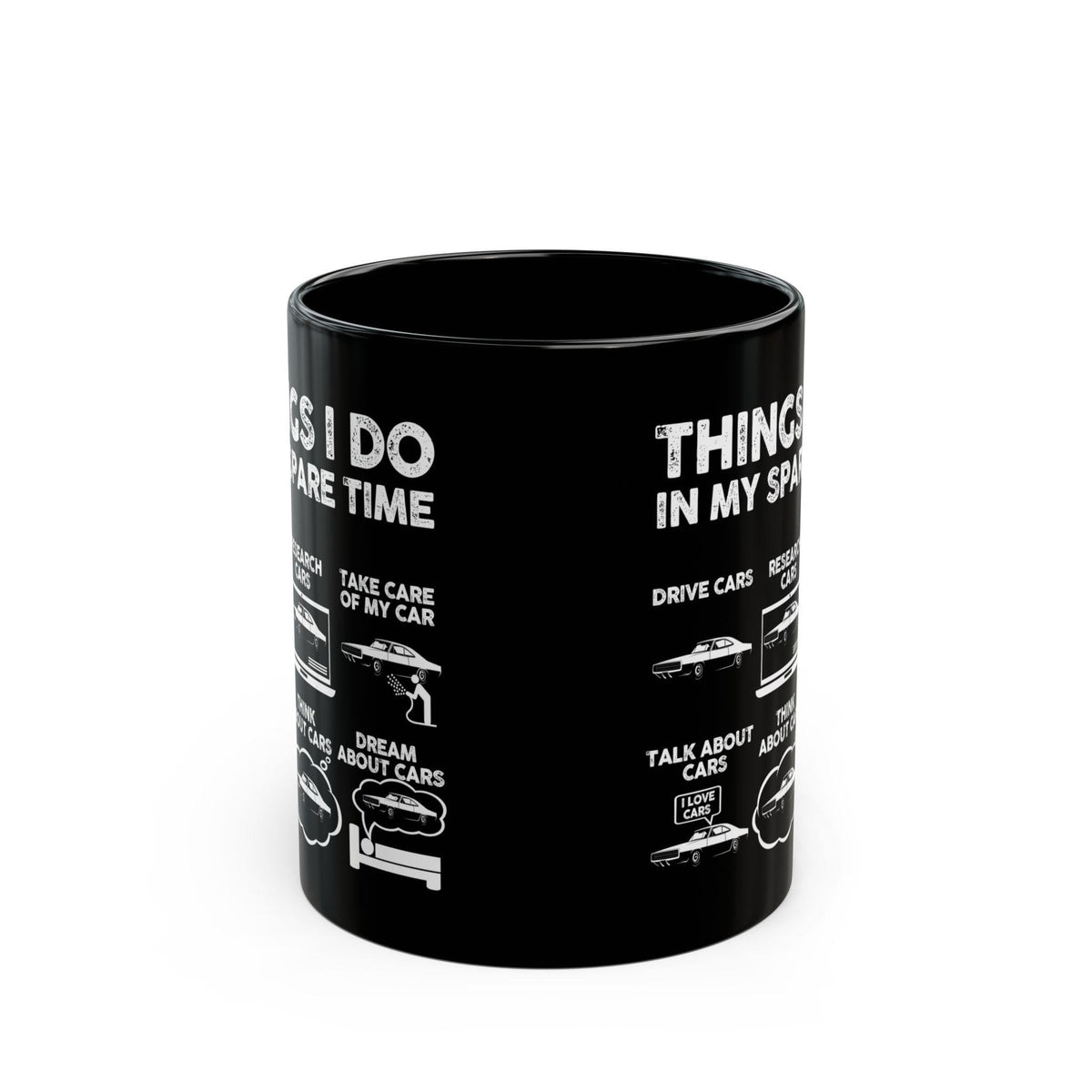 Things I Do in My Spare Time Late 60s Muscle Coupe Mug - 11oz black coffee mug, front view with print on both sides