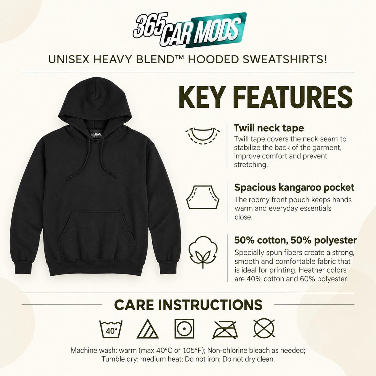 Gildan 18500 hoodie key features and care instructions