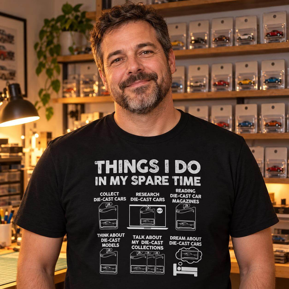 Man in a black die cast car shirt standing in front of a shelf full of die cast cars in plain blister packs