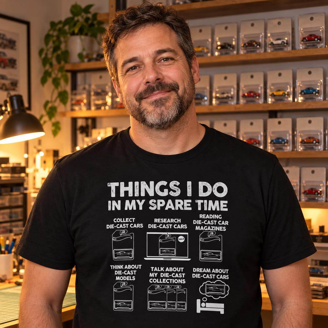 Man in a black die cast car shirt standing in front of a shelf full of die cast cars in plain blister packs