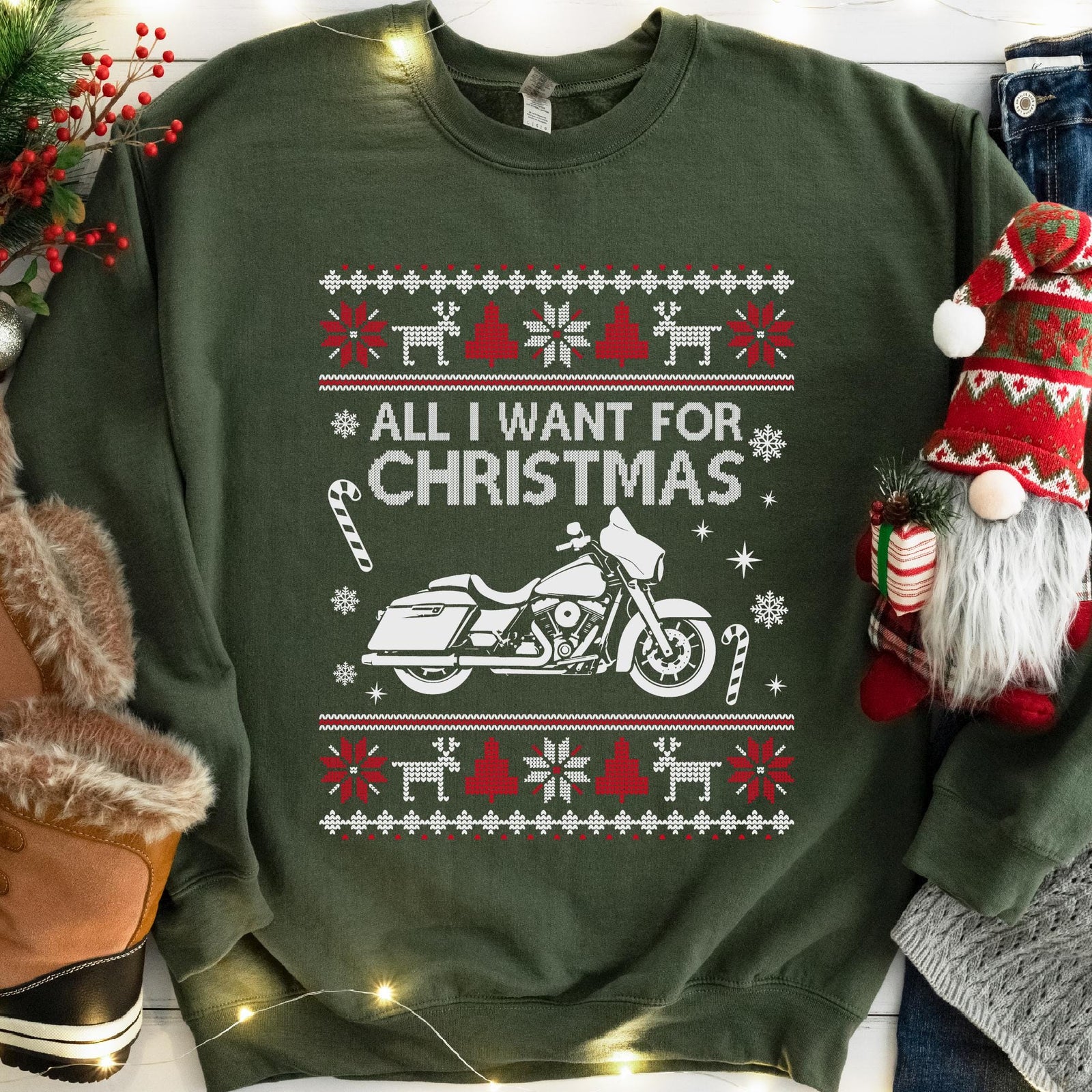 All I Want For Christmas Custom Motorcycle Sweatshirt - Military Green