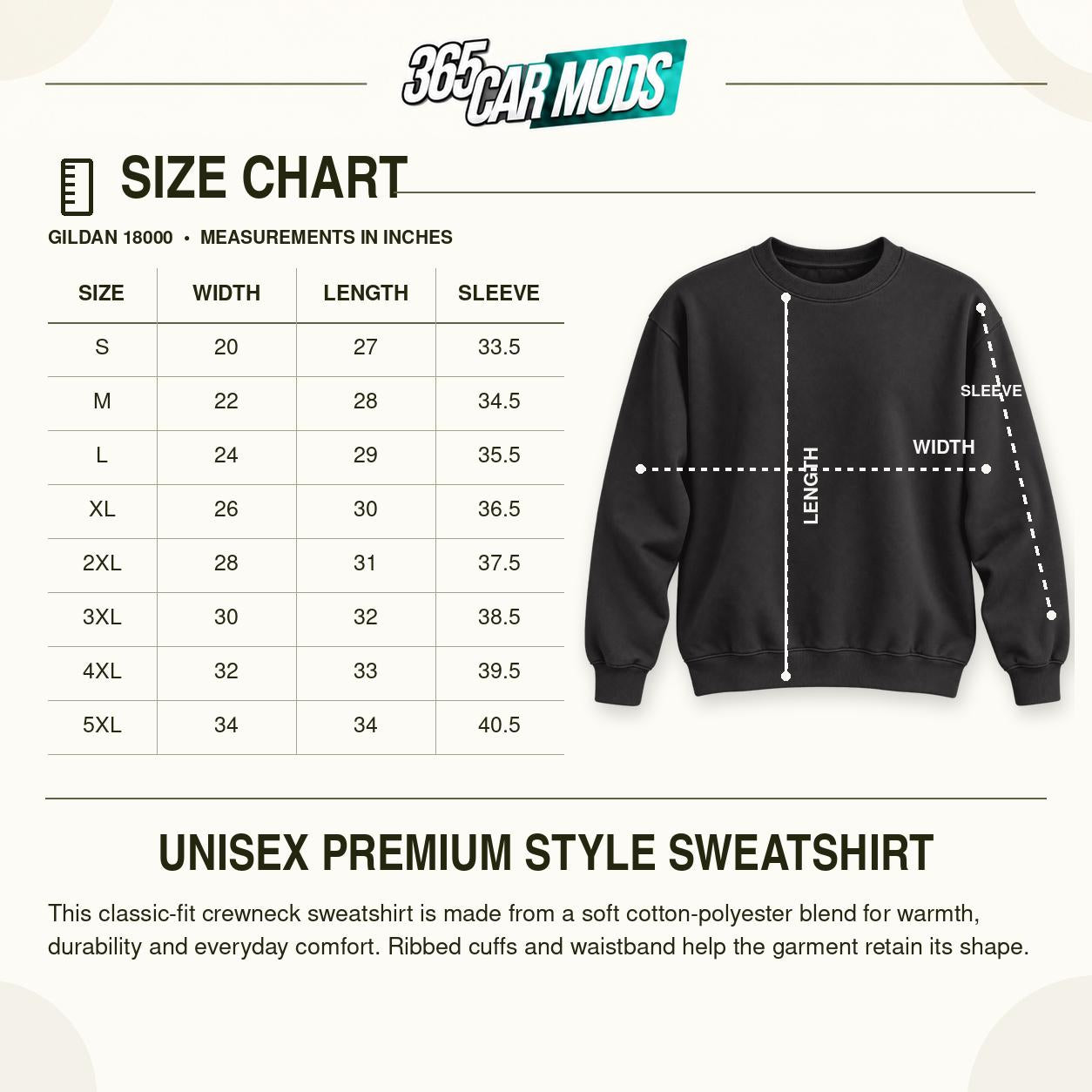 Gildan 18000 crewneck sweatshirt size chart