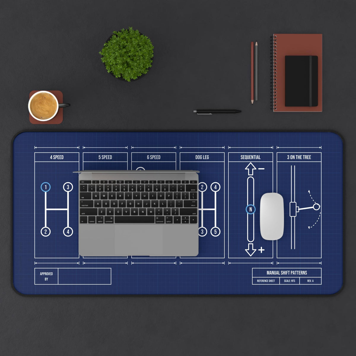 Extended shift patterns desk mat with laptop, coffee and notebook