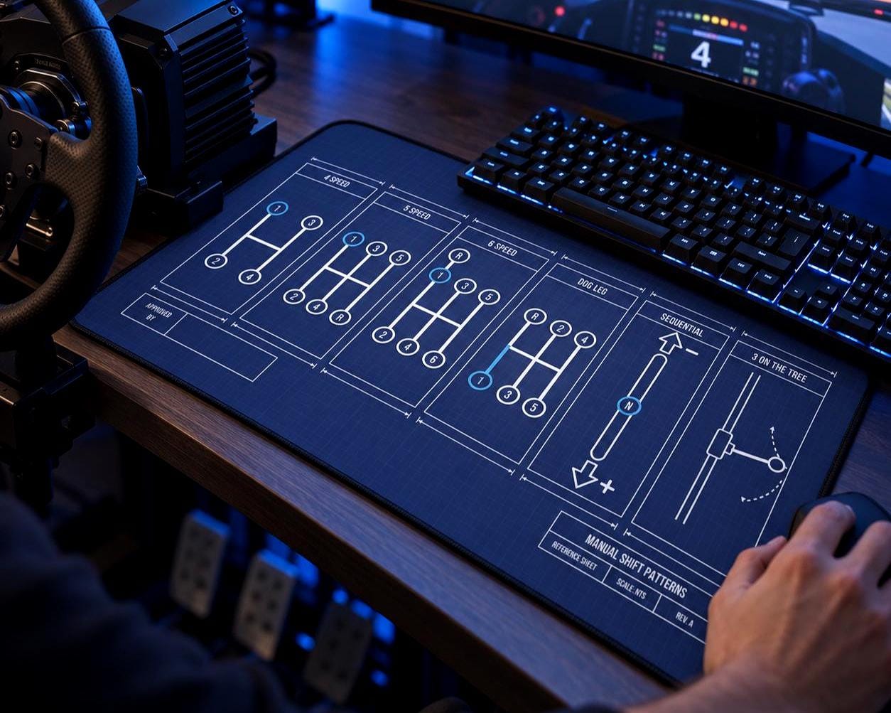 Manual shift patterns desk mat on a sim racing desk with steering wheel and pedals