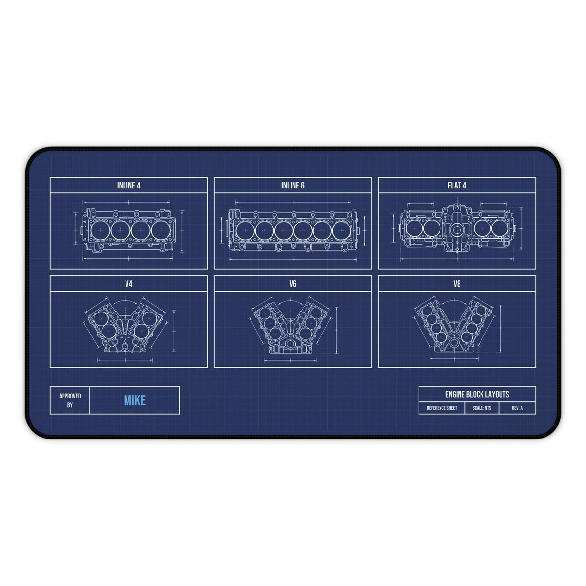 Personalized engine block blueprint desk mat, 12 x 22 inch