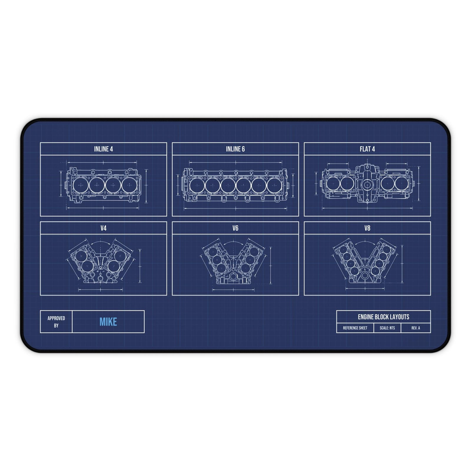 Personalized engine block blueprint desk mat, 12 x 22 inch