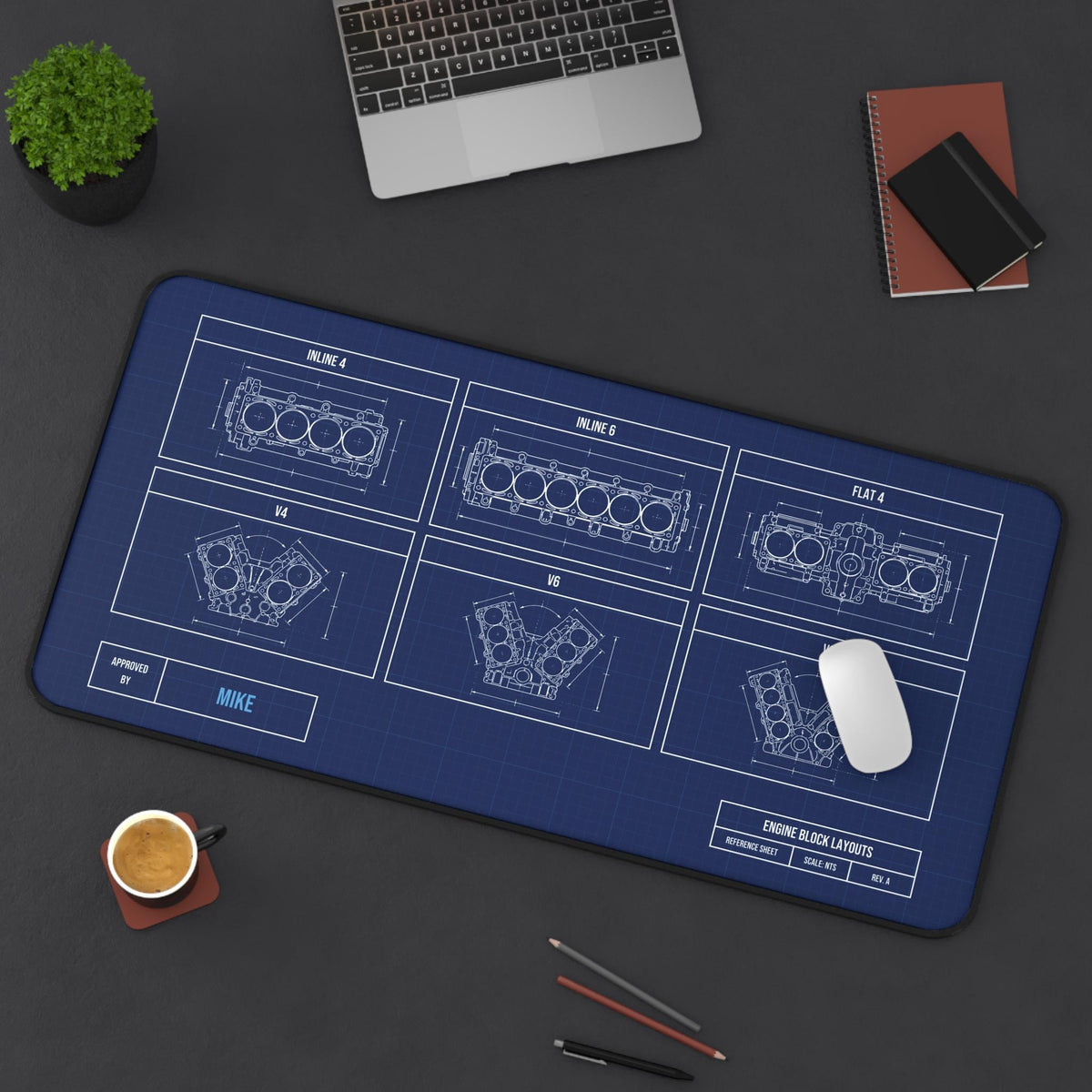 Extended engine block blueprint desk mat, top view with mouse