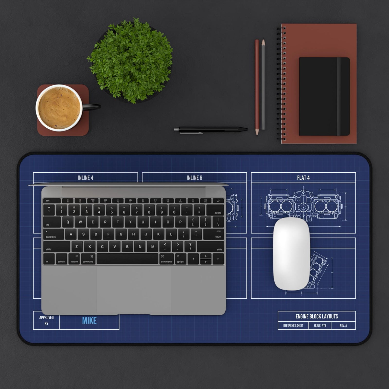Engine block blueprint desk mat as a keyboard and mouse pad, top view