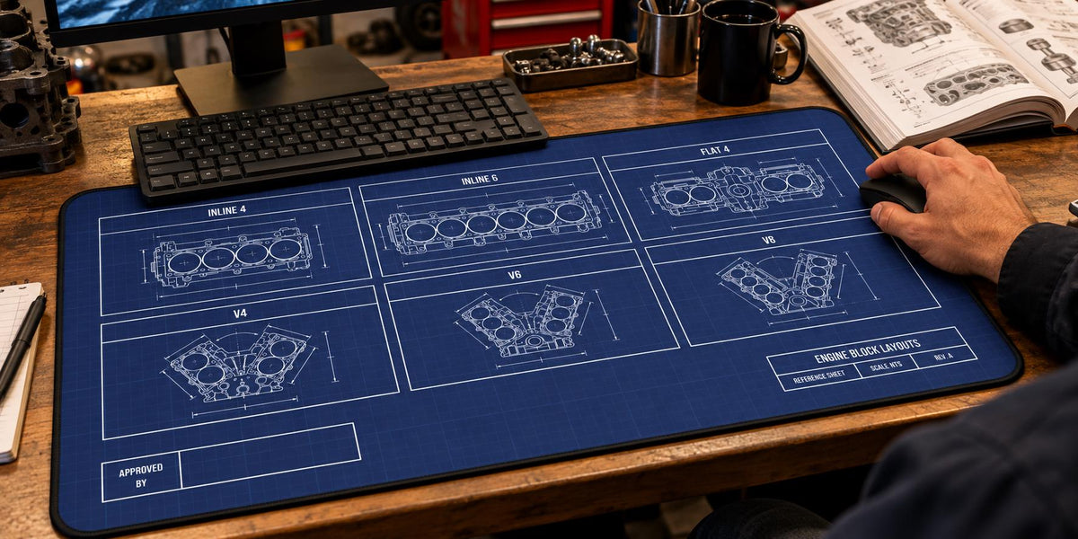 Mechanic using the engine block blueprint desk mat at a workshop desk