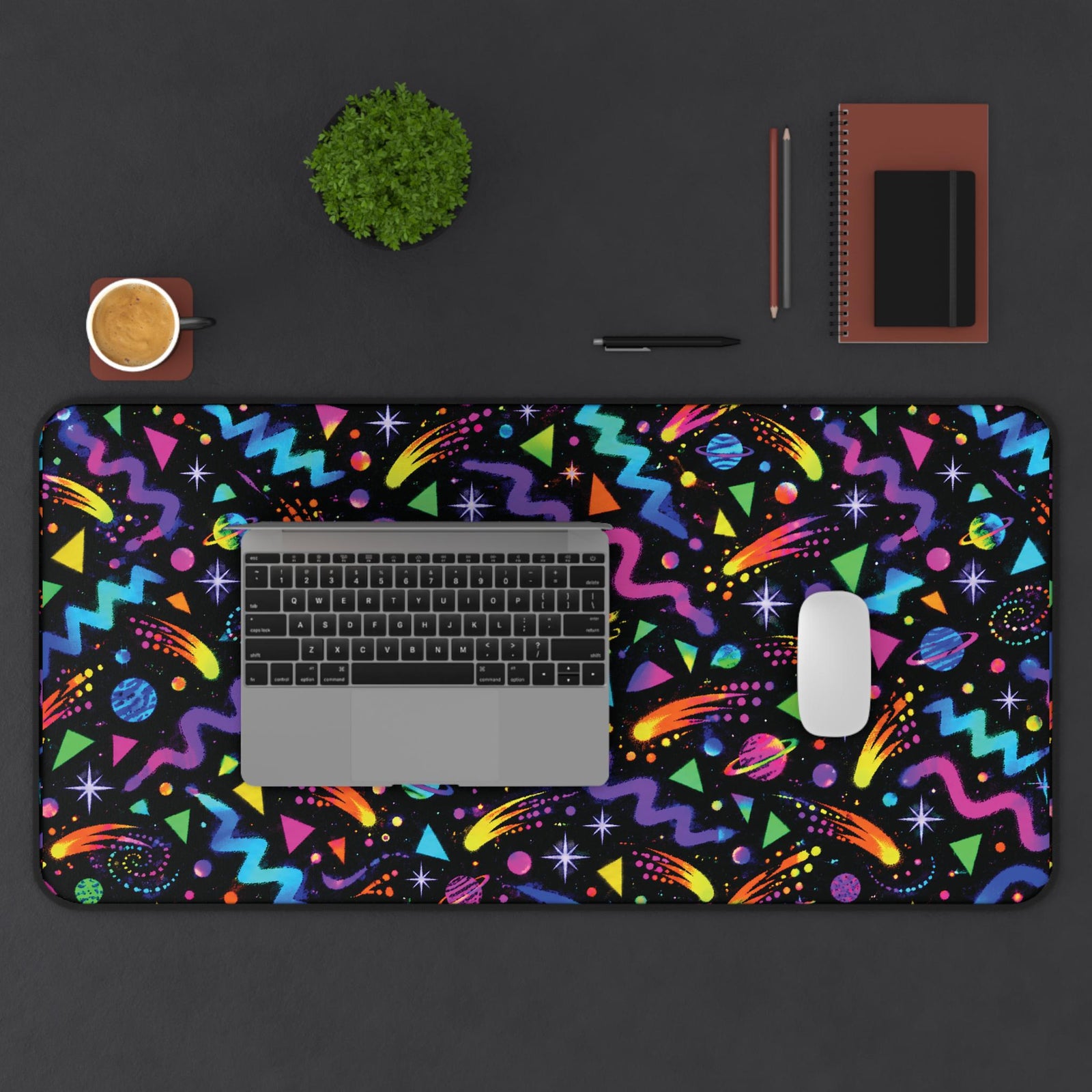 Extended arcade carpet desk mat with laptop, coffee and notebook