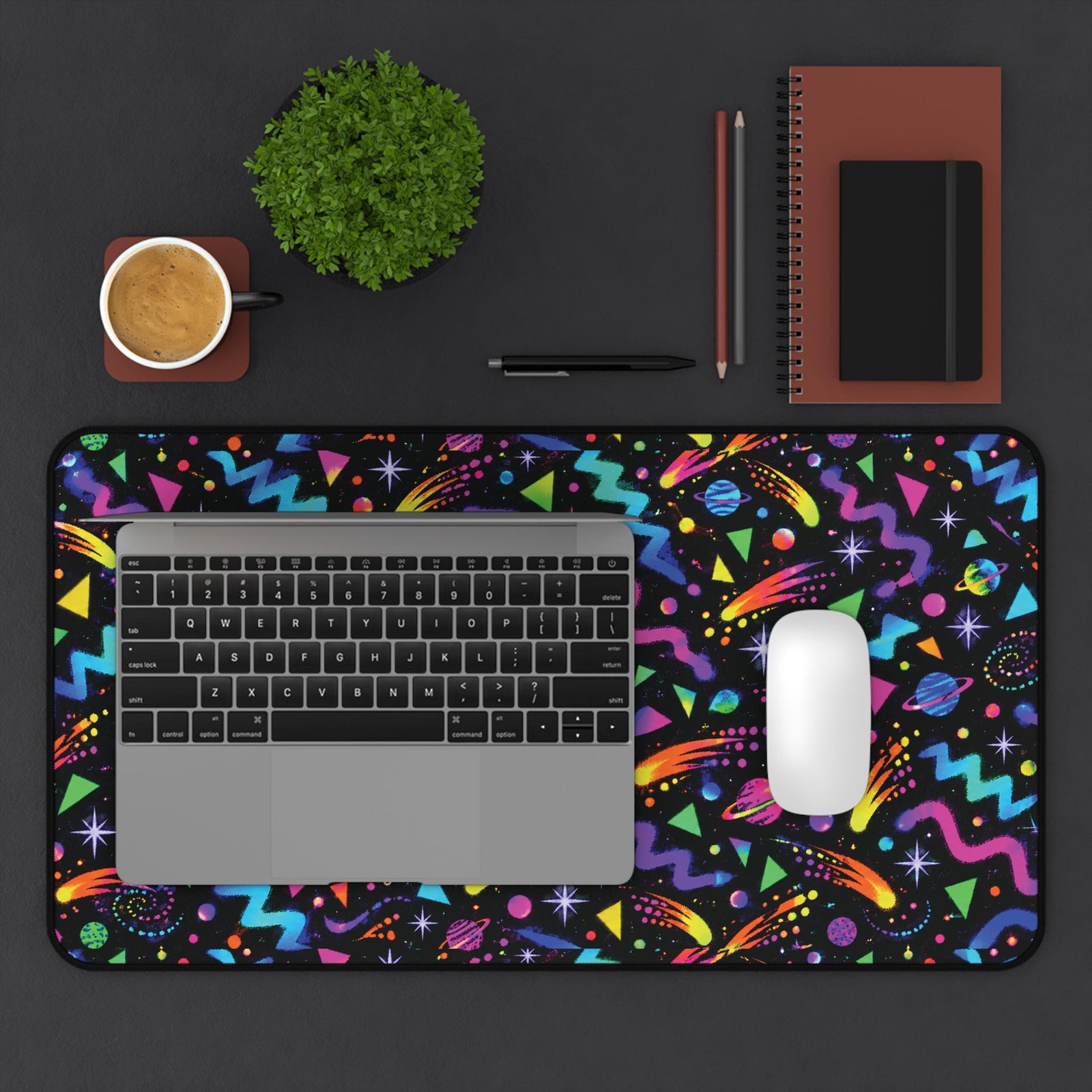 Arcade carpet desk mat as a keyboard and mouse pad, top view