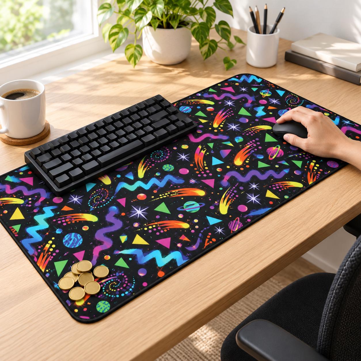 Arcade carpet desk mat with keyboard and mouse on a wooden home office desk