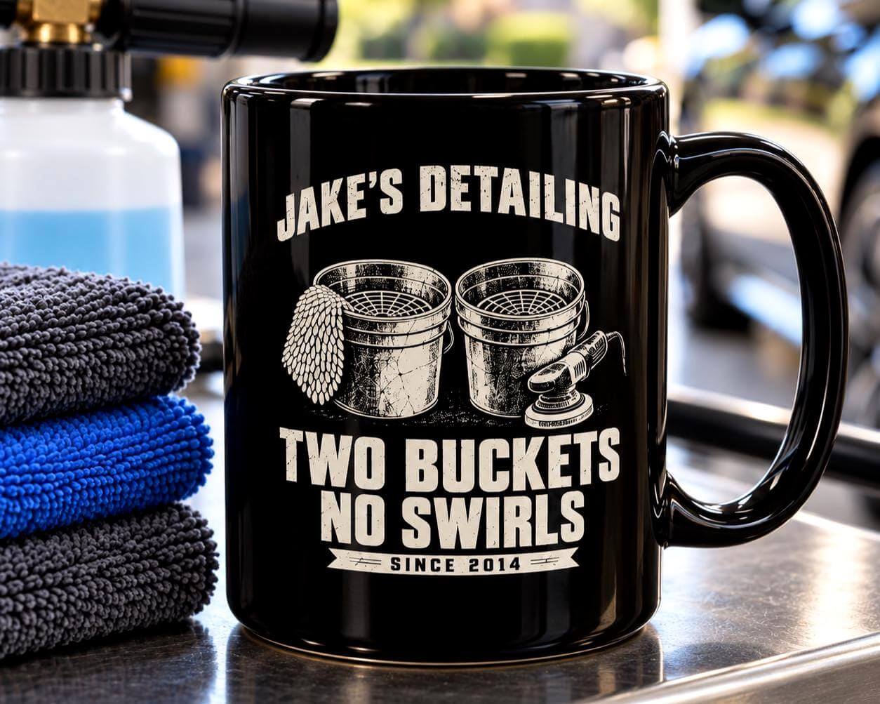 Black Two Buckets No Swirls personalized detailing mug next to microfiber towels and a foam sprayer