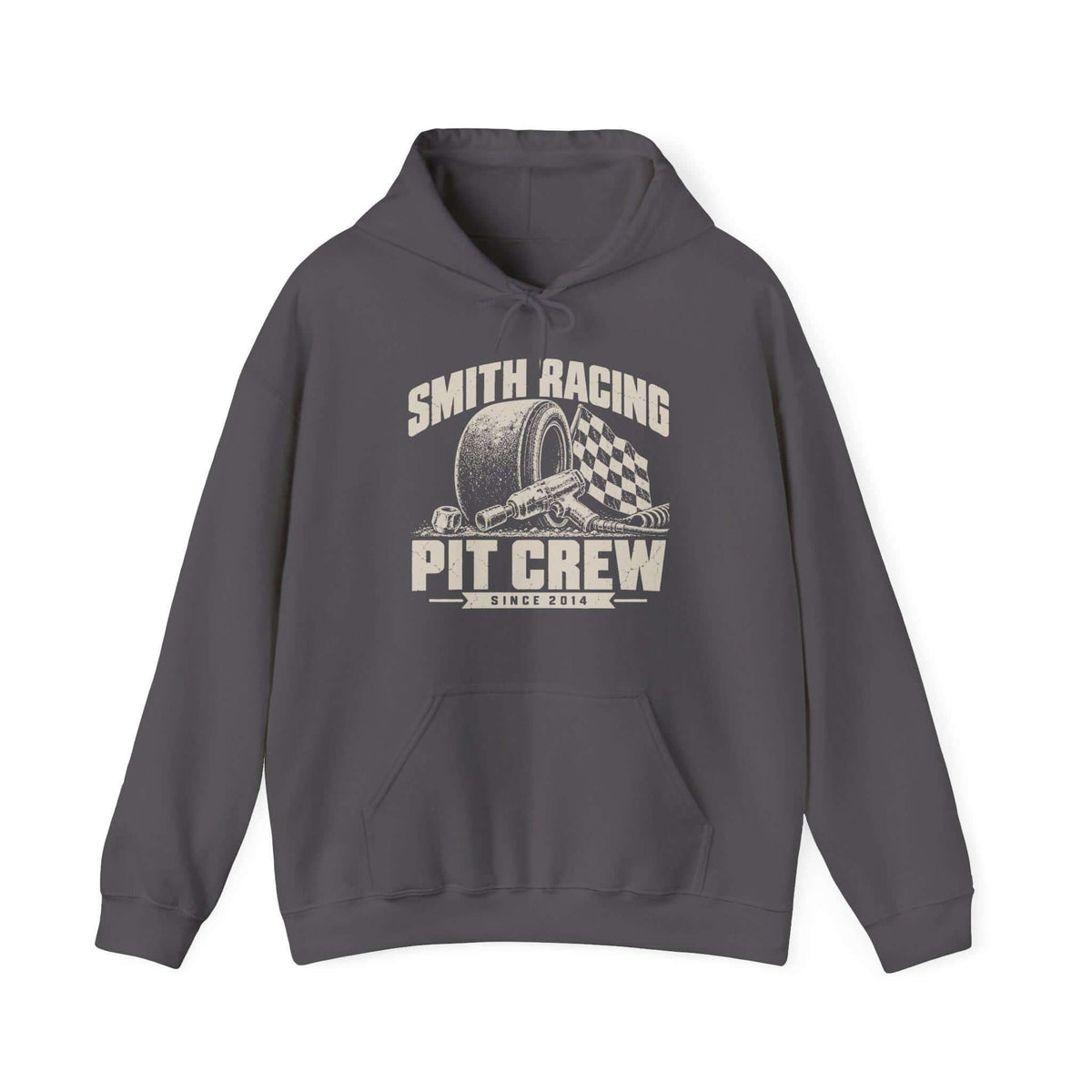 Charcoal hoodie with a personalized Smith Racing Pit Crew Since 2014 print: racing slick, impact wrench and checkered flag