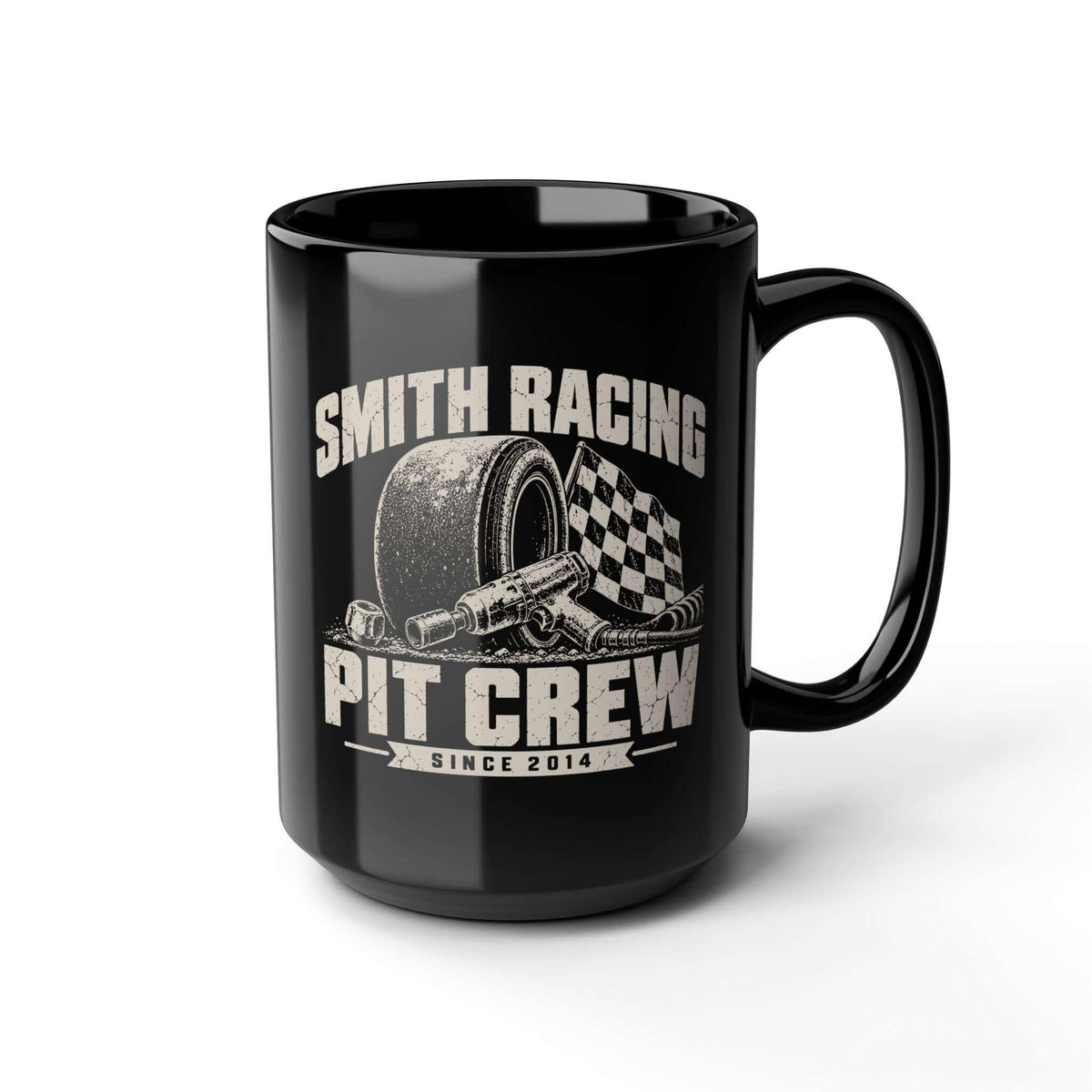 Pit Crew Personalized Racing Mug - 15oz black coffee mug, angled view