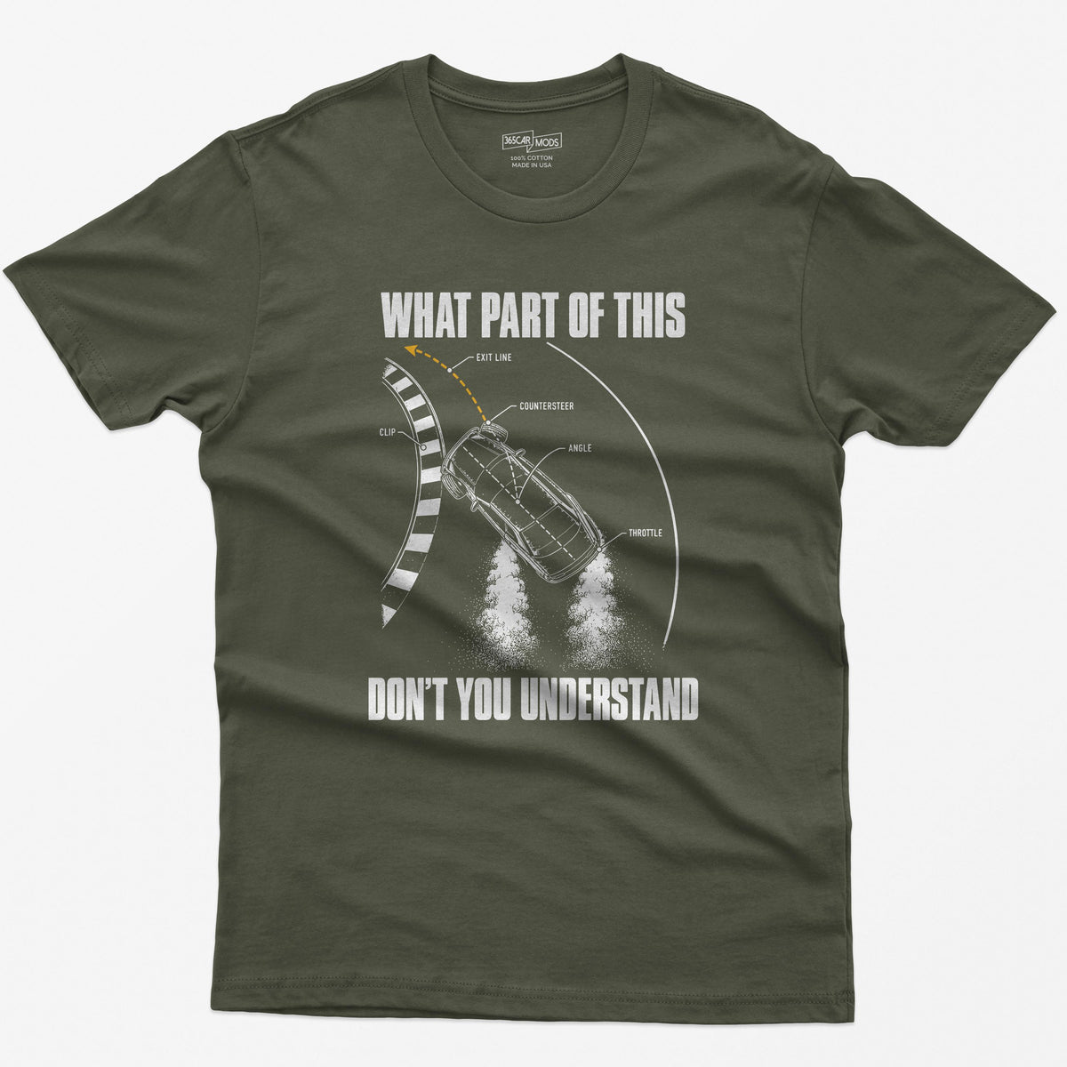 Military Green t-shirt with a What Part Of This Don't You Understand print: a drifting car seen from above with the clip, countersteer, angle and throttle labeled