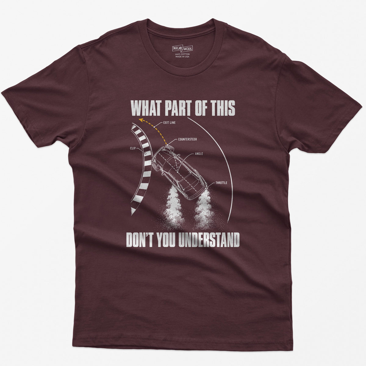 Maroon t-shirt with a What Part Of This Don't You Understand print: a drifting car seen from above with the clip, countersteer, angle and throttle labeled