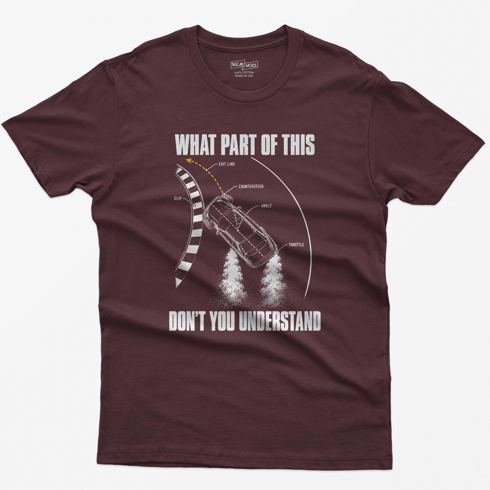 Maroon t-shirt with a What Part Of This Don't You Understand print: a drifting car seen from above with the clip, countersteer, angle and throttle labeled