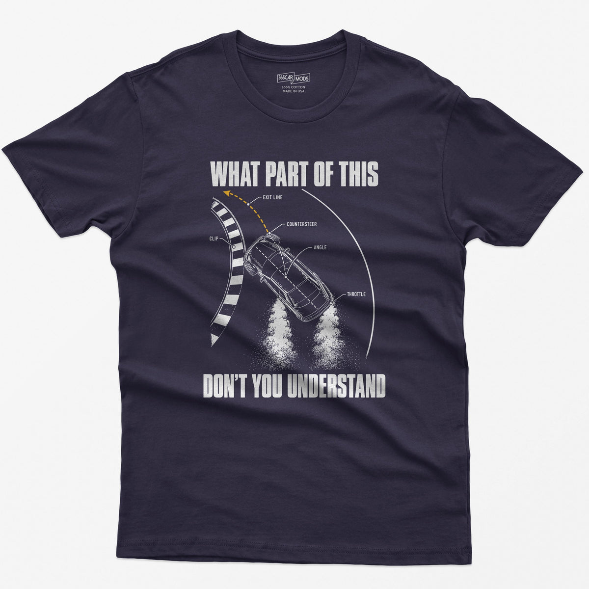 Blackberry t-shirt with a What Part Of This Don't You Understand print: a drifting car seen from above with the clip, countersteer, angle and throttle labeled