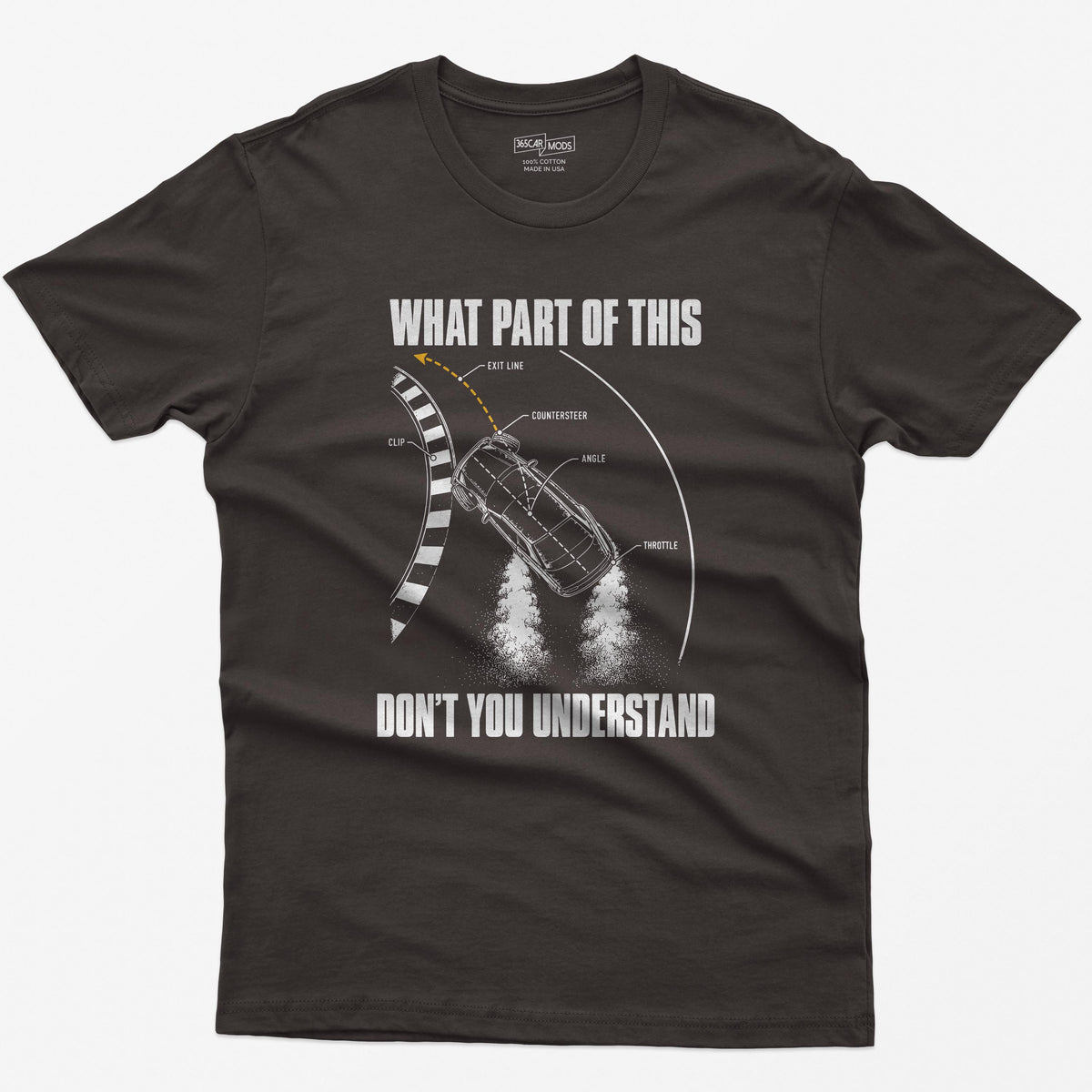 Dark Chocolate t-shirt with a What Part Of This Don't You Understand print: a drifting car seen from above with the clip, countersteer, angle and throttle labeled
