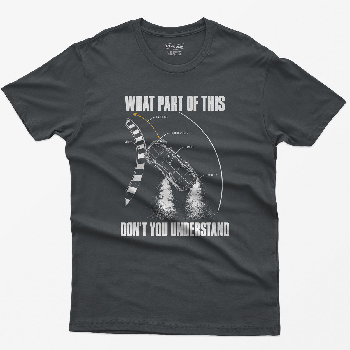 Charcoal t-shirt with a What Part Of This Don't You Understand print: a drifting car seen from above with the clip, countersteer, angle and throttle labeled