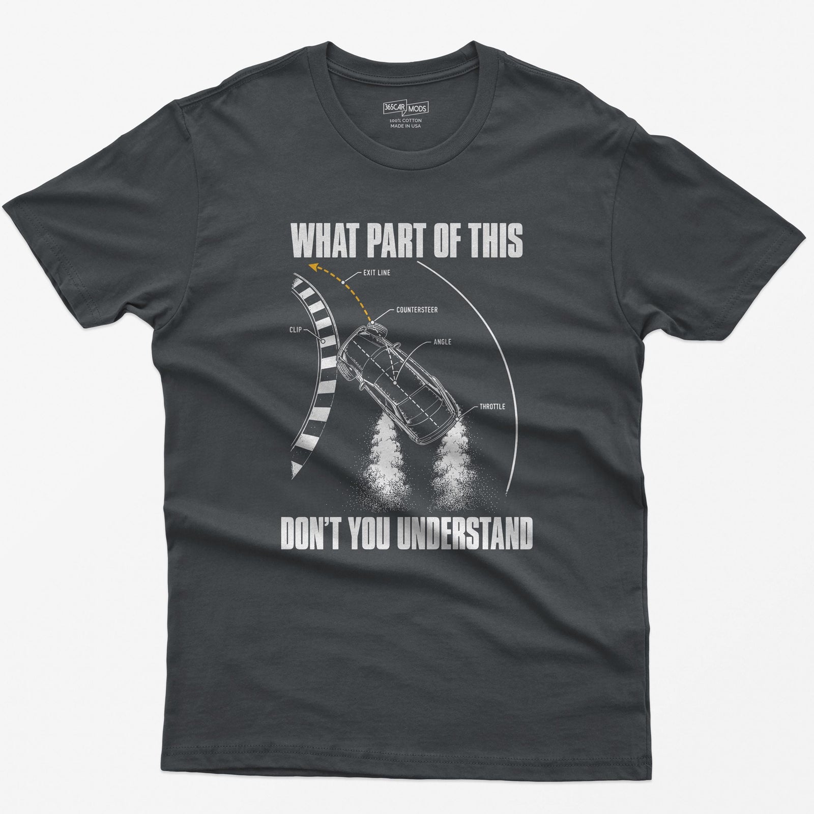 Charcoal t-shirt with a What Part Of This Don't You Understand print: a drifting car seen from above with the clip, countersteer, angle and throttle labeled