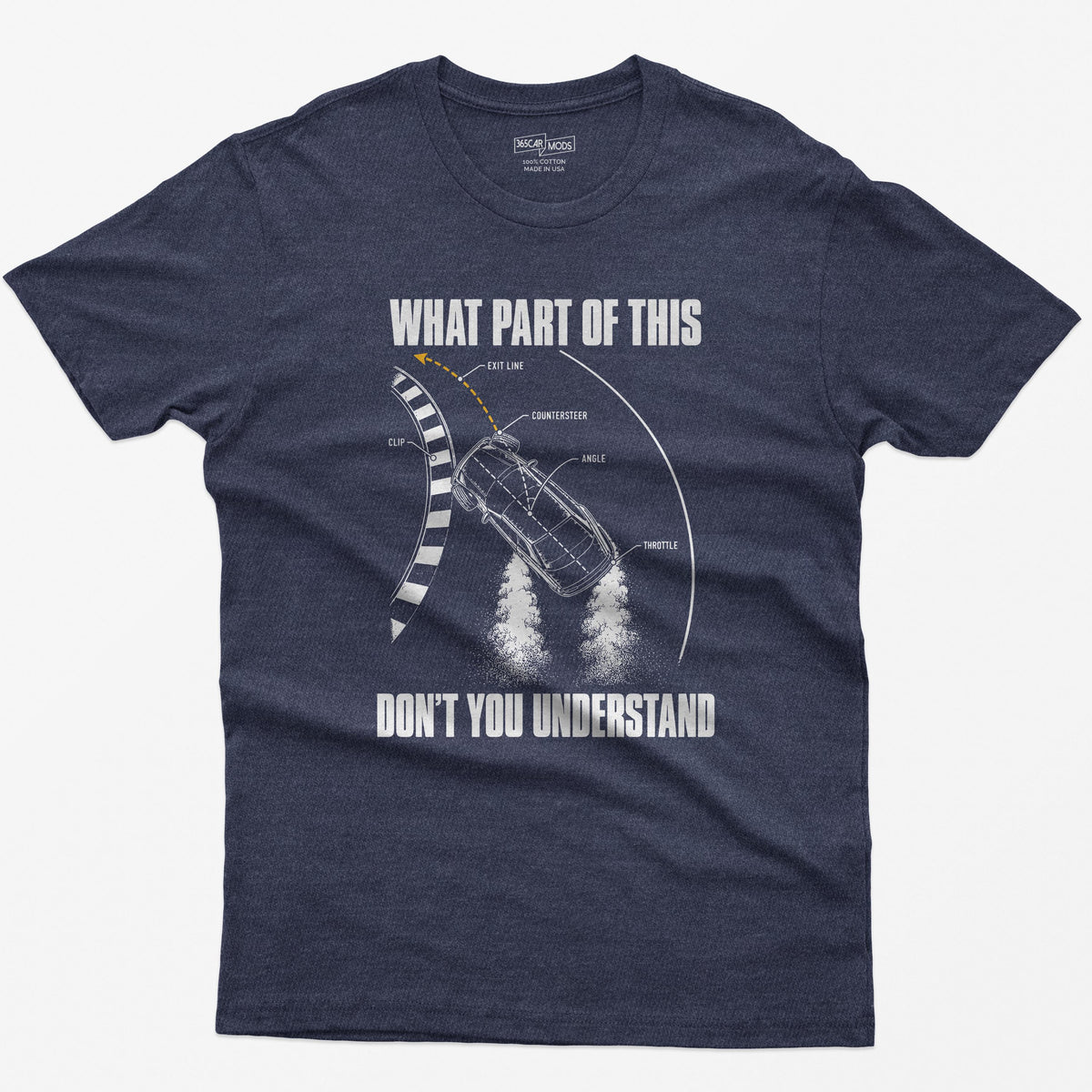Heather Navy t-shirt with a What Part Of This Don't You Understand print: a drifting car seen from above with the clip, countersteer, angle and throttle labeled