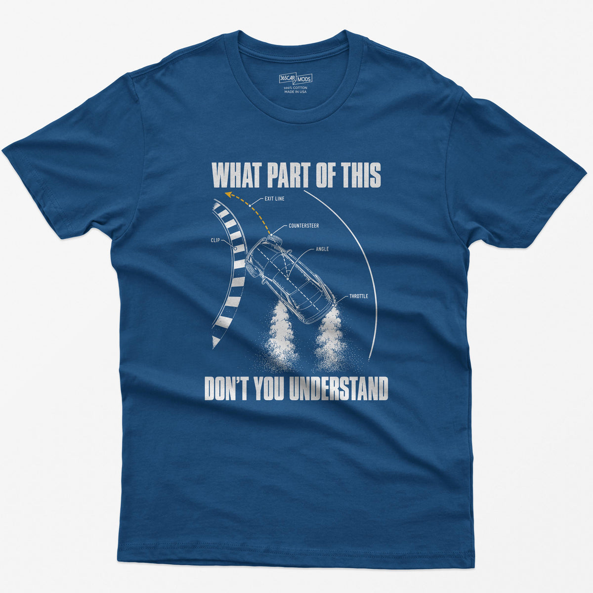 Royal blue t-shirt with a What Part Of This Don't You Understand print: a drifting car seen from above with the clip, countersteer, angle and throttle labeled