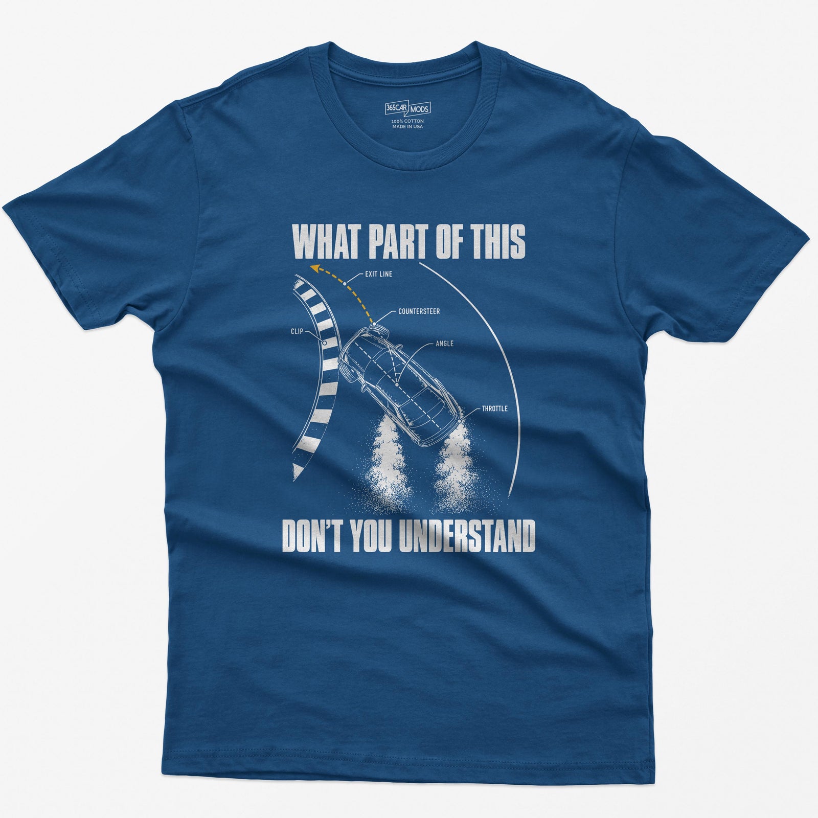 Royal blue t-shirt with a What Part Of This Don't You Understand print: a drifting car seen from above with the clip, countersteer, angle and throttle labeled