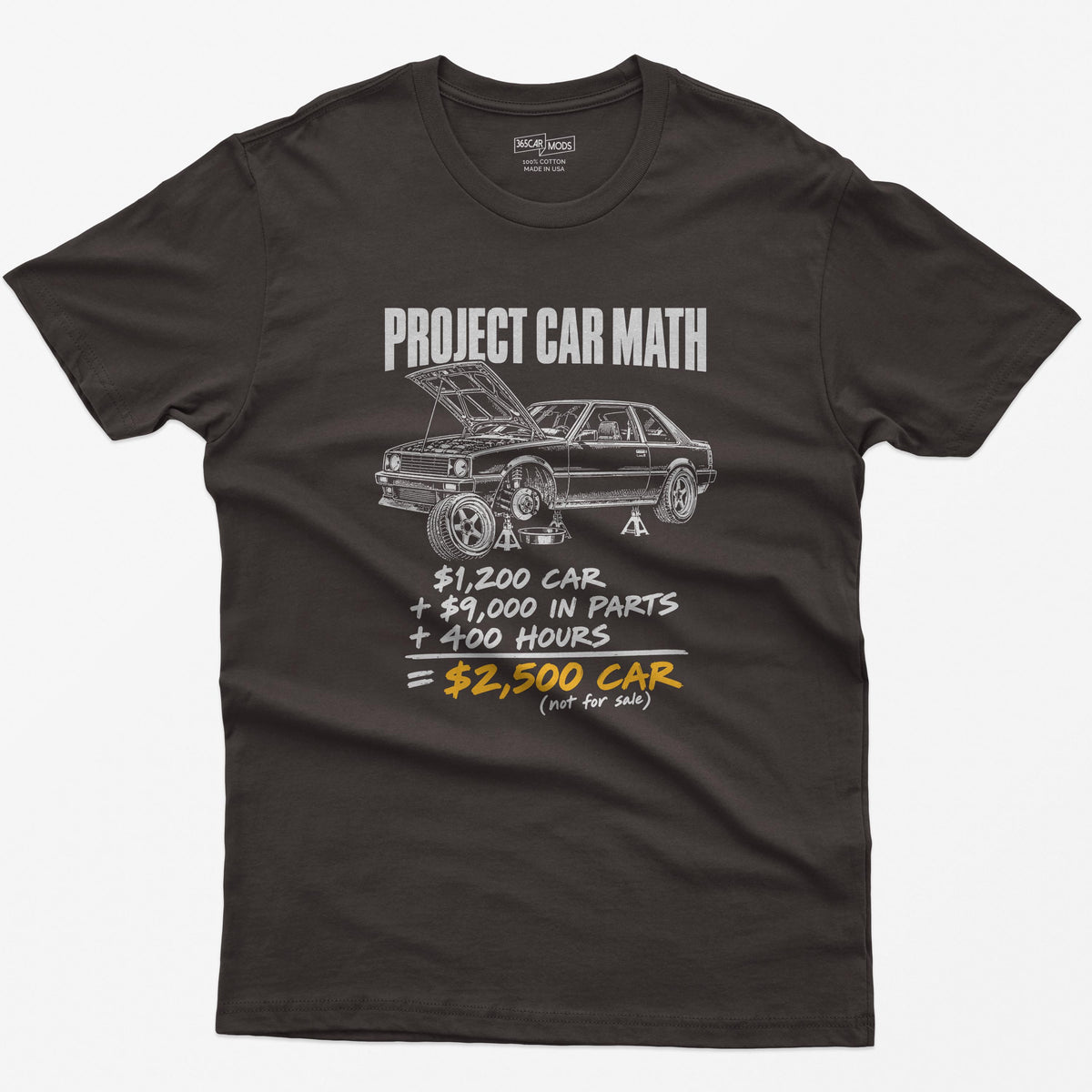 Dark Chocolate t-shirt with a Project Car Math print: a project car on jack stands and the $1,200 car + $9,000 in parts + 400 hours equation