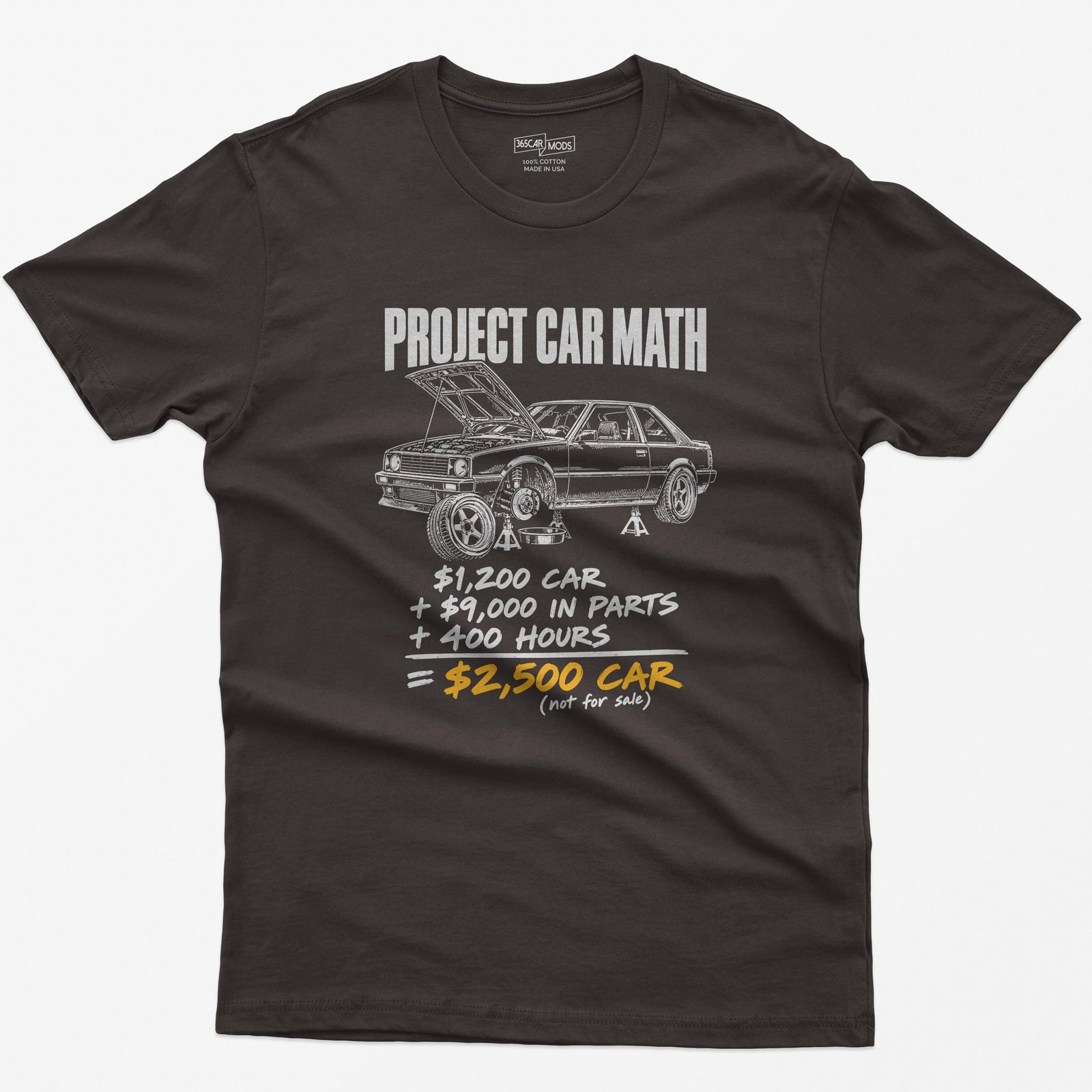 Dark Chocolate t-shirt with a Project Car Math print: a project car on jack stands and the $1,200 car + $9,000 in parts + 400 hours equation
