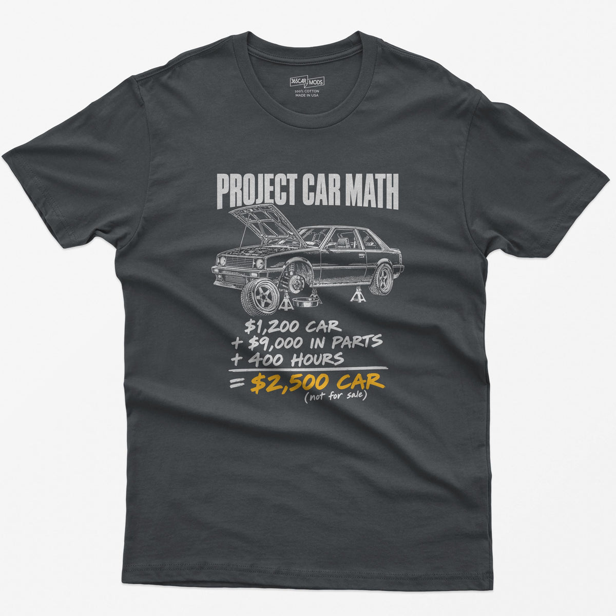 Charcoal t-shirt with a Project Car Math print: a project car on jack stands and the $1,200 car + $9,000 in parts + 400 hours equation