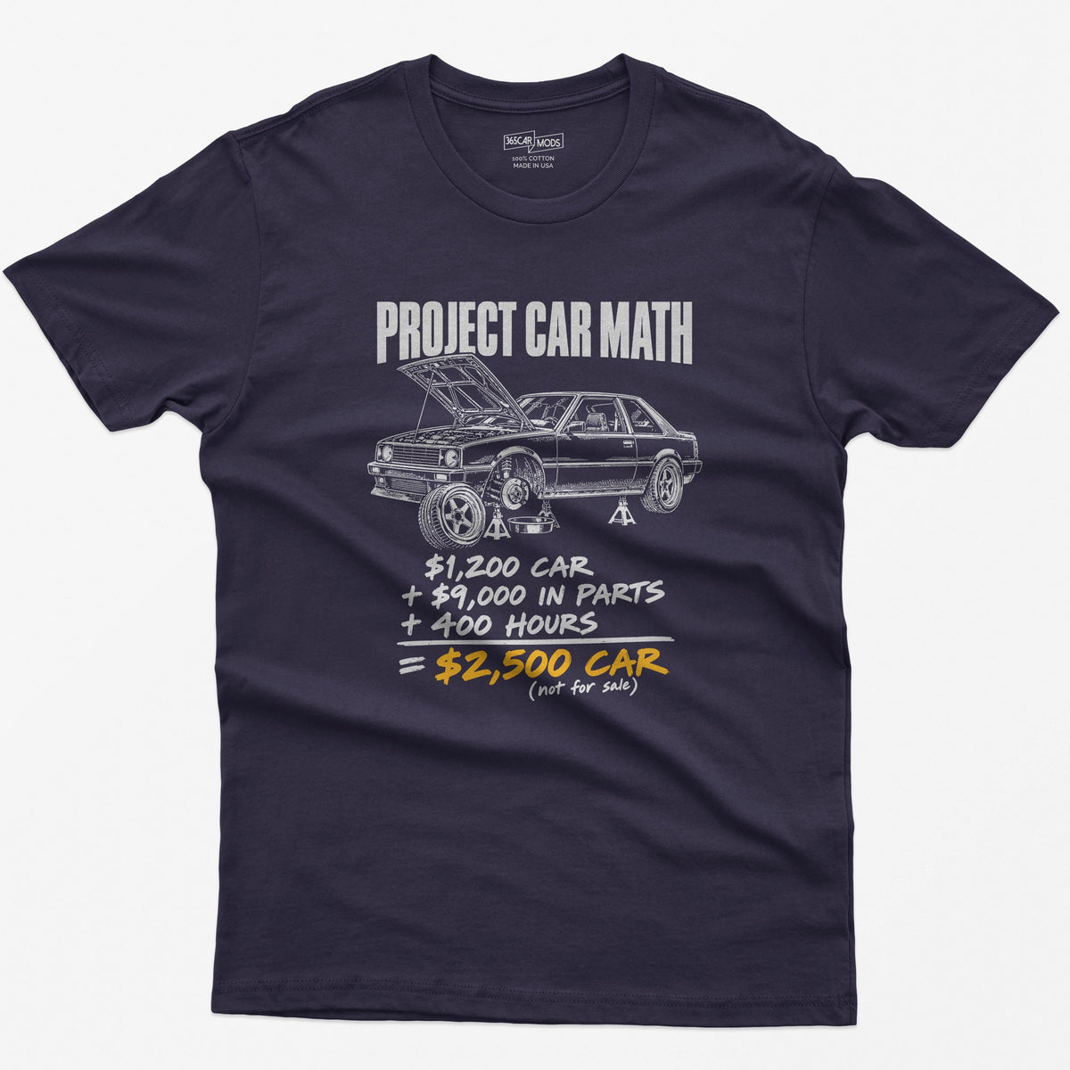 Blackberry t-shirt with a Project Car Math print: a project car on jack stands and the $1,200 car + $9,000 in parts + 400 hours equation