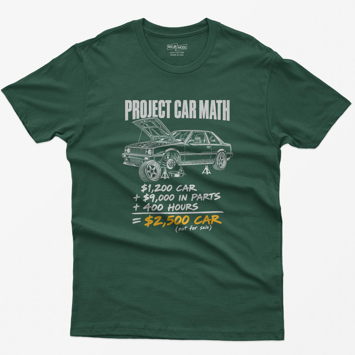 Forest Green t-shirt with a Project Car Math print: a project car on jack stands and the $1,200 car + $9,000 in parts + 400 hours equation