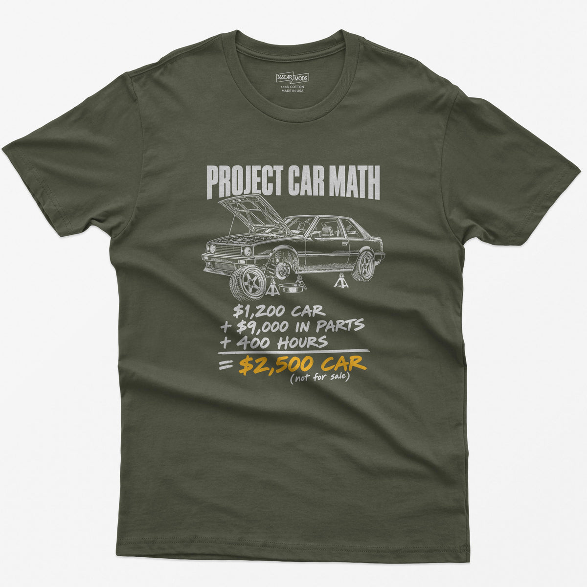 Military Green t-shirt with a Project Car Math print: a project car on jack stands and the $1,200 car + $9,000 in parts + 400 hours equation