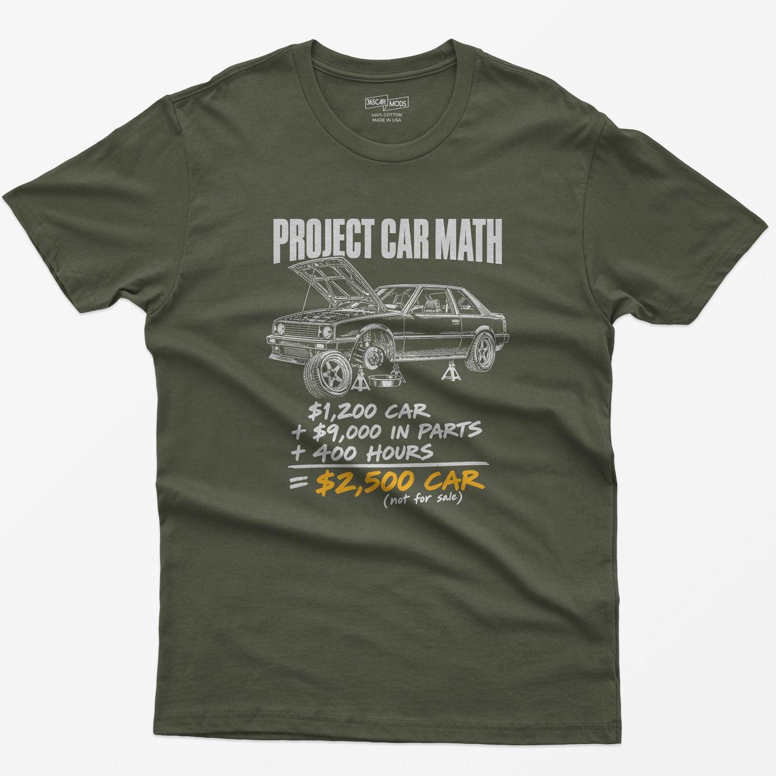 Military Green t-shirt with a Project Car Math print: a project car on jack stands and the $1,200 car + $9,000 in parts + 400 hours equation