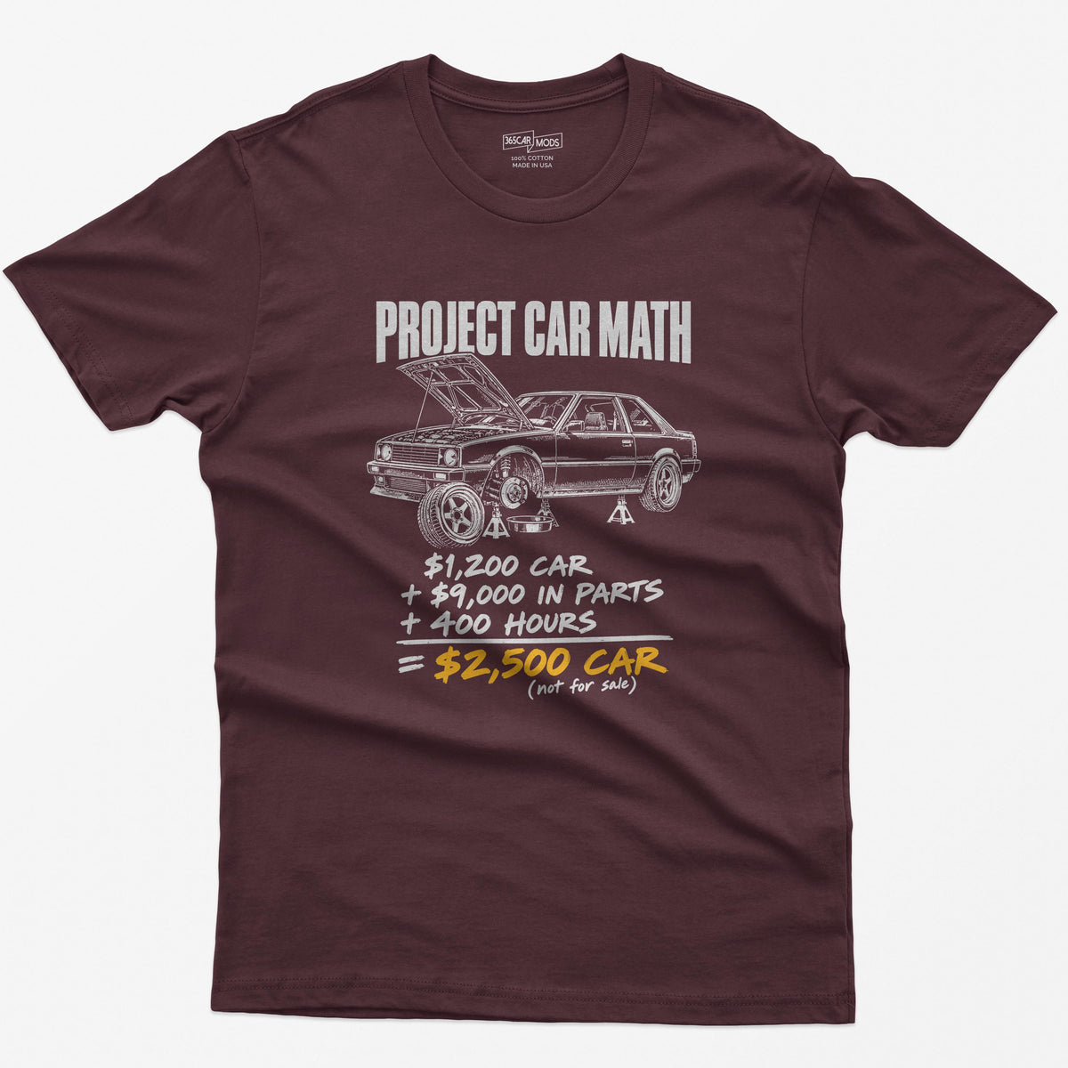Maroon t-shirt with a Project Car Math print: a project car on jack stands and the $1,200 car + $9,000 in parts + 400 hours equation