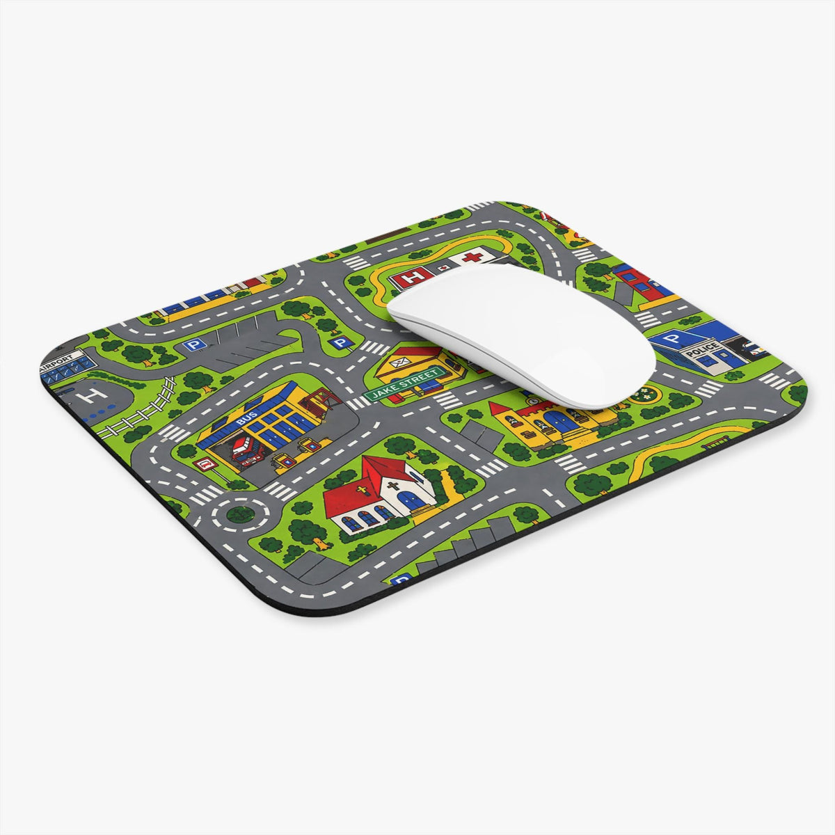Retro road rug mouse pad with a white mouse, angled view