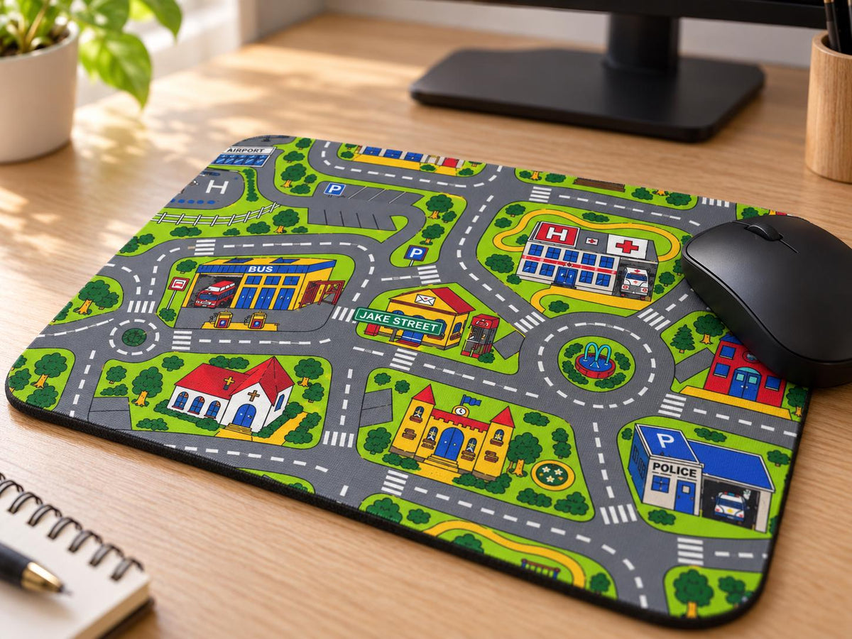 Personalized street sign mouse pad with a retro road rug design on a desk with a keyboard and mouse