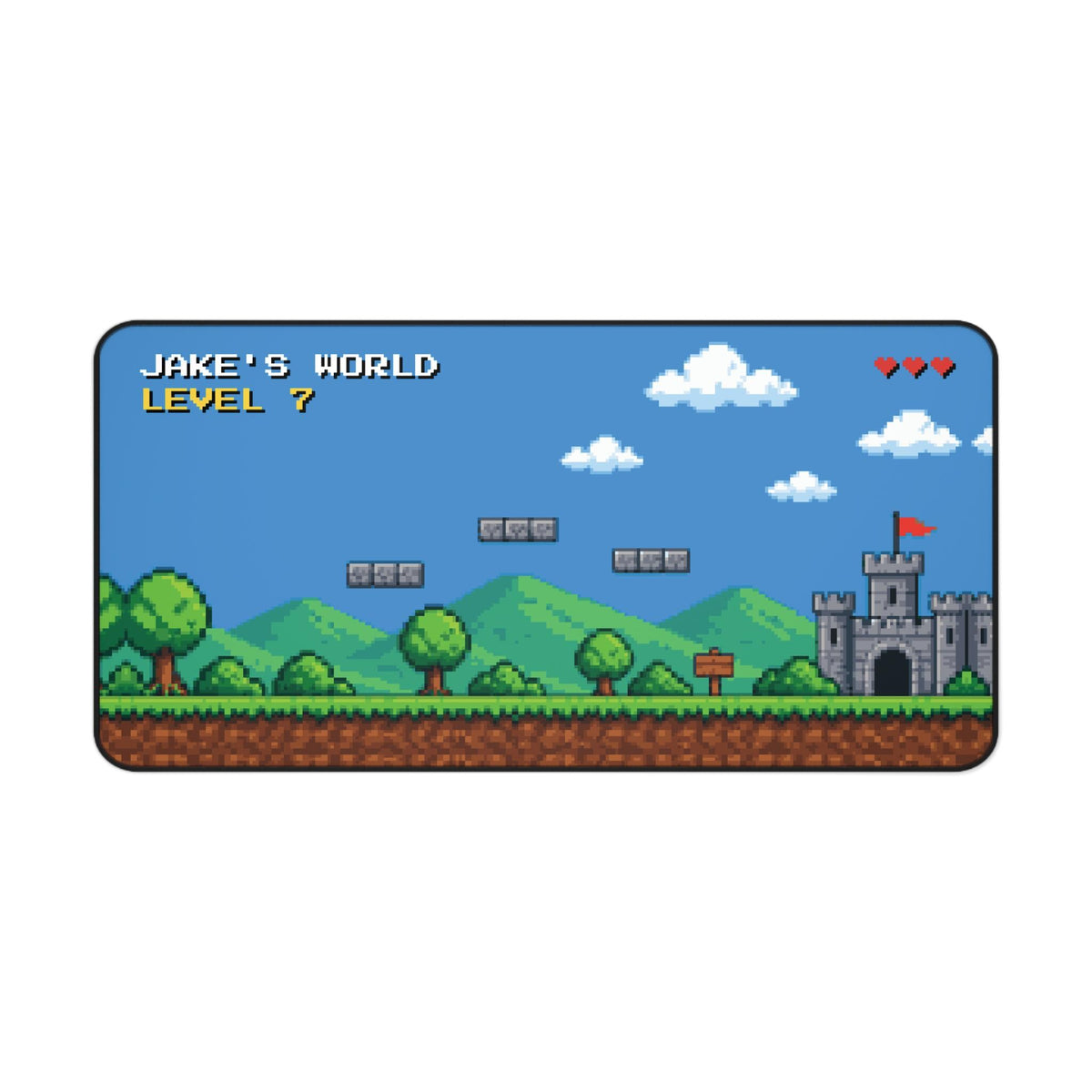 Wide personalized pixel art desk mat, top view