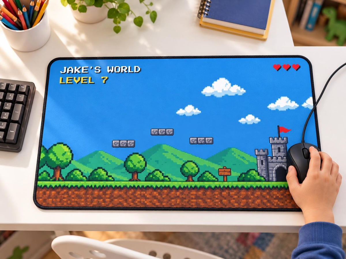 12 x 18 in personalized pixel art desk mat with a child's hand on the mouse
