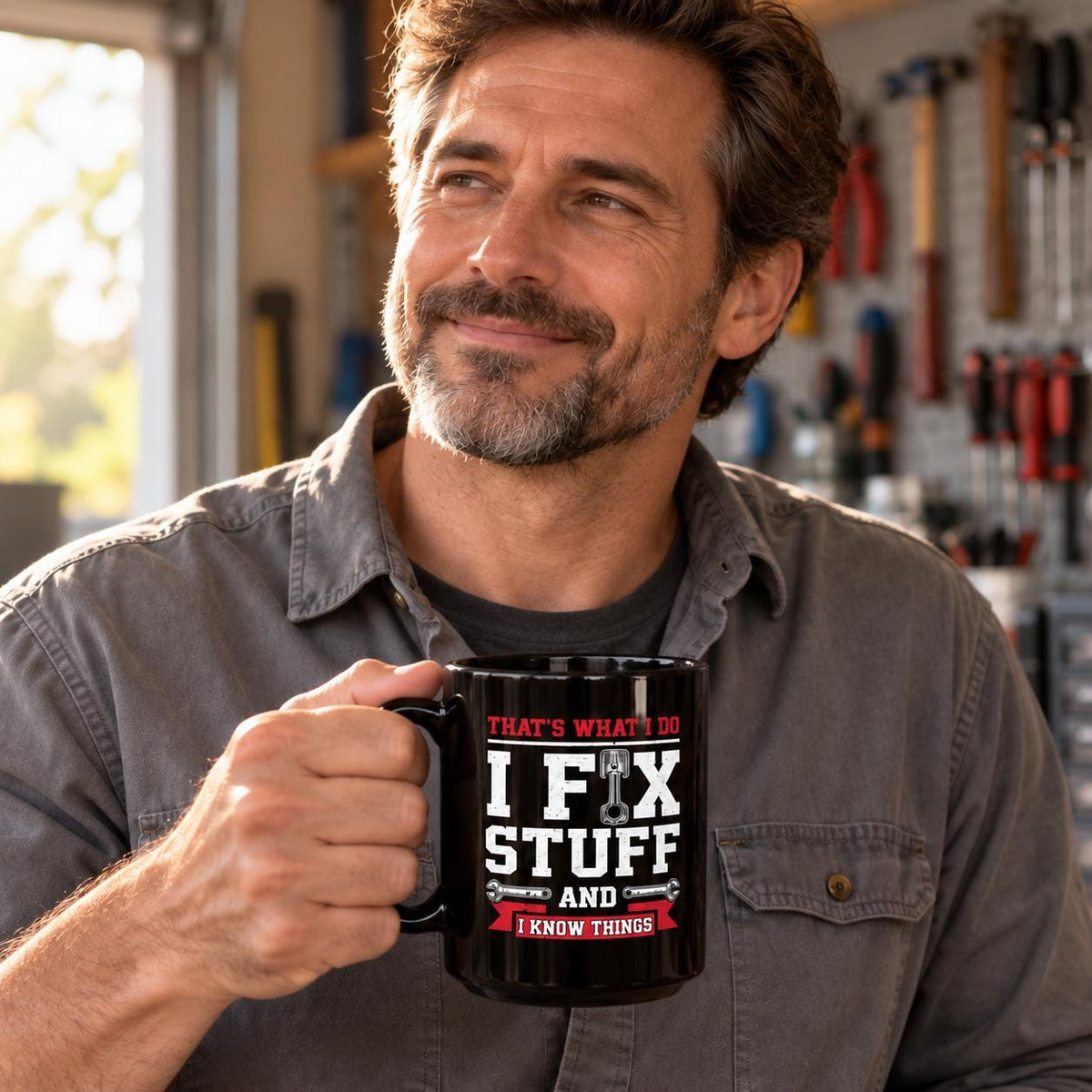 I Fix Stuff and I Know Things Coffee Mug | Mechanic Car Guy Gift