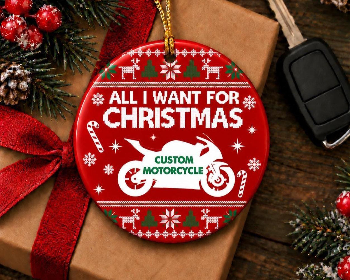 All I Want For Christmas motorcycle ornament, personalized bike silhouette