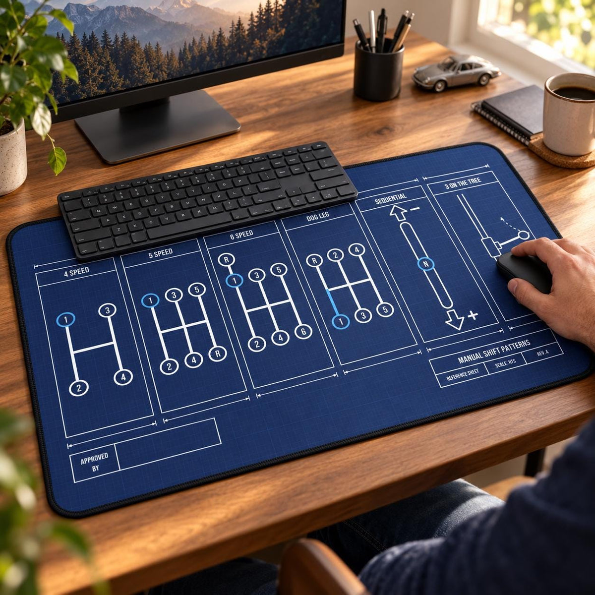 Manual shift patterns desk mat with keyboard and mouse on a wooden home office desk