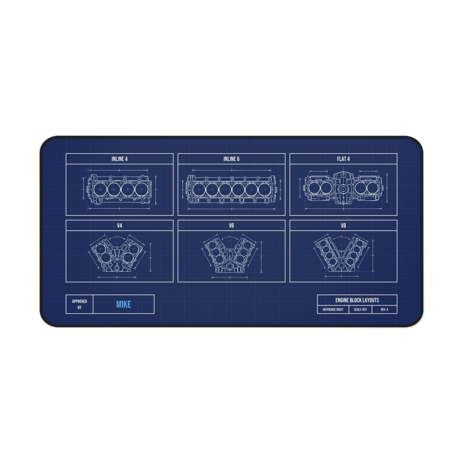 Personalized engine block blueprint desk mat, 16 x 32 inch
