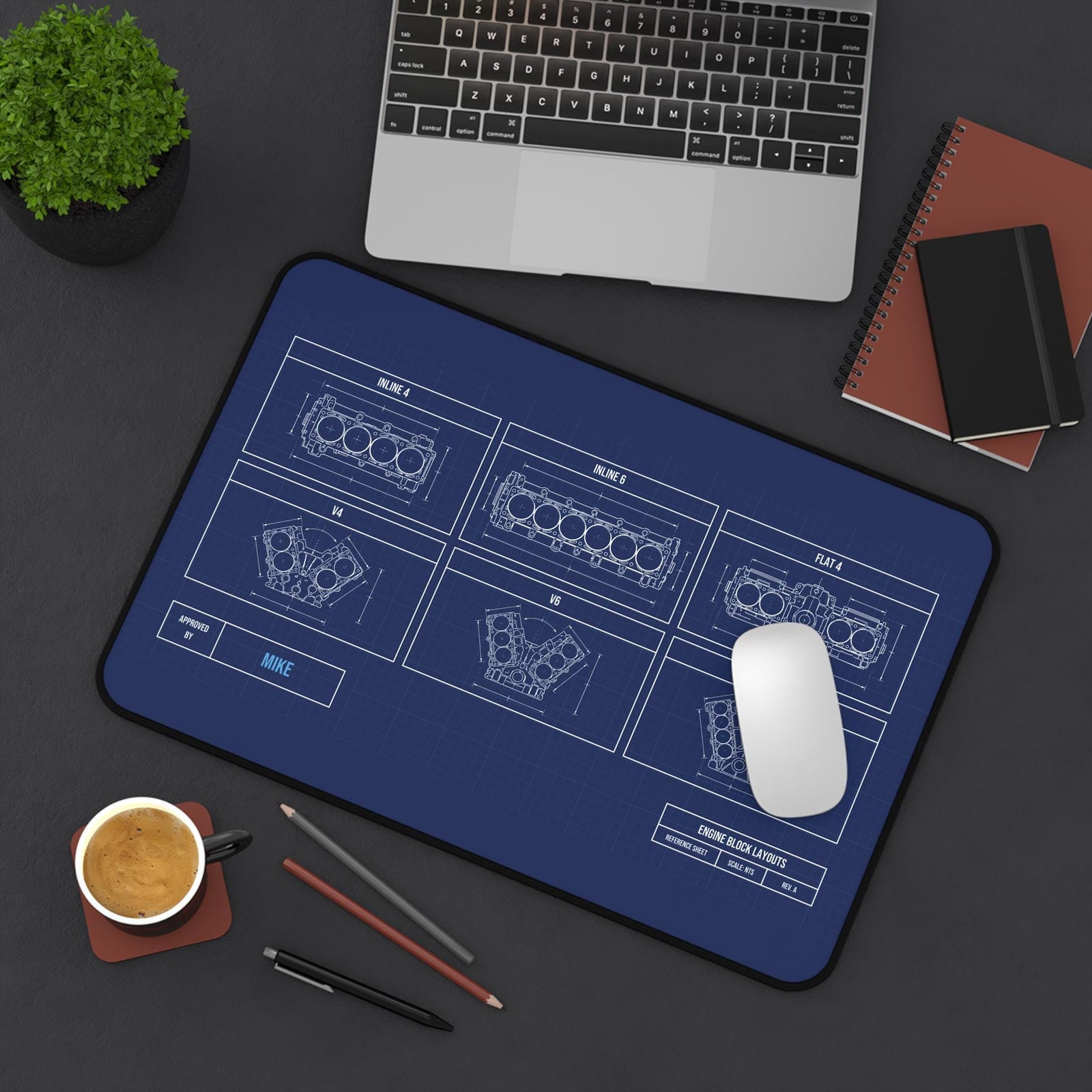 Engine block blueprint desk mat, small size, top view with mouse and coffee