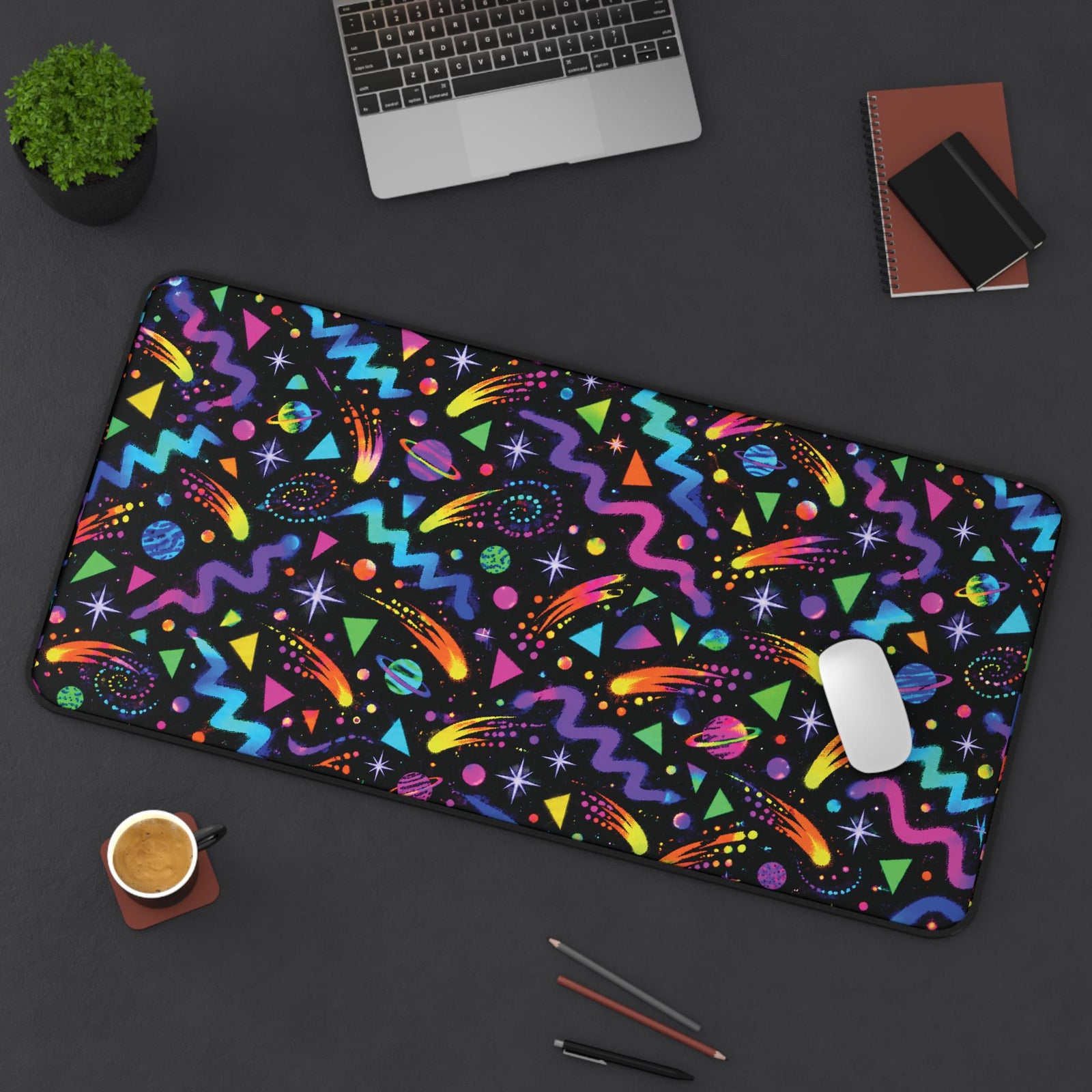 Arcade carpet desk mat, angled top view on a dark desk